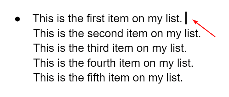 A list of five items where only the first item has a bullet point.