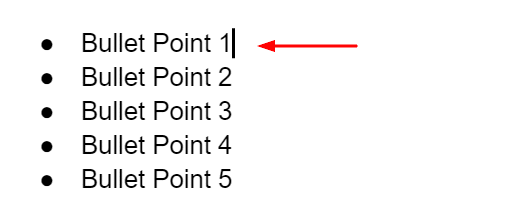A list of five items, each with bullet points.