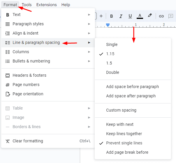 Where to find the line & paragraph spacing option in Google Docs