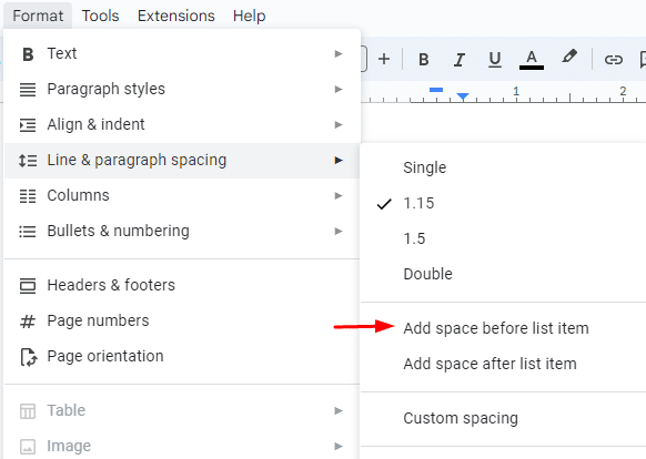 Add space before list item option under line & paragraph spacing in Google Docs