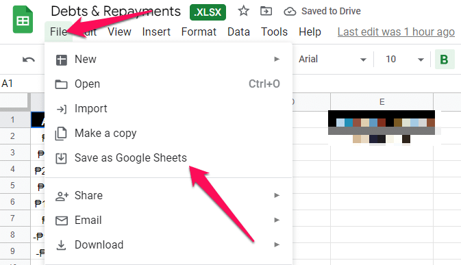 Import Excel to Google Sheets - Click file, then save as Google Sheets