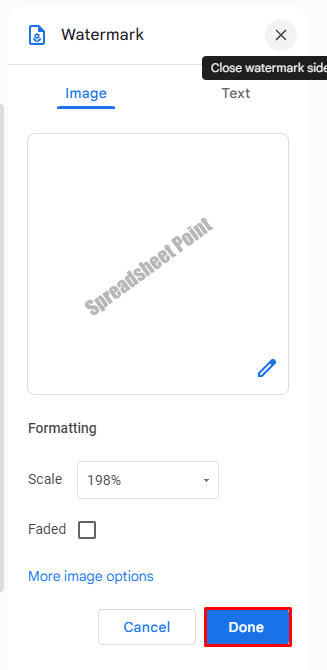 Where is the done button in Google Docs under watermark option