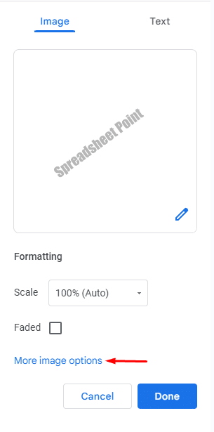 Where to find "More image options" in Google Docs under watermark tab