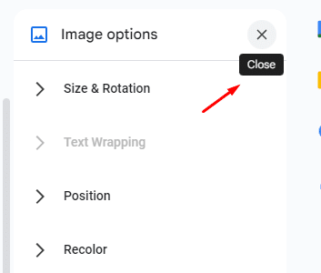 How to close image options in Google Docs