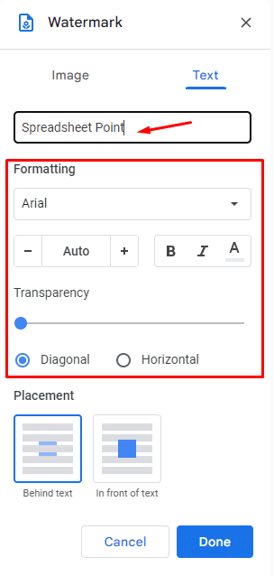 How to format text watermark in Google Docs