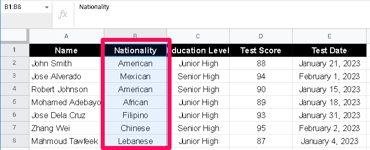 Nationality column