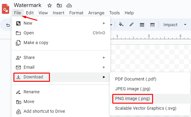 How to save watermark as PNG image in Google Drawings