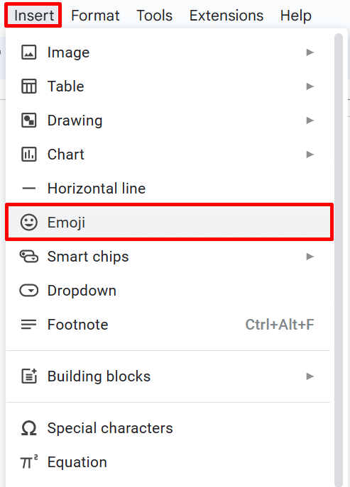 How to insert an emoji in Google Docs using the Insert menu