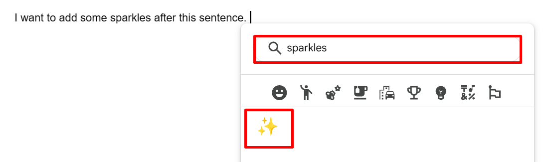 Searching for an emoji in the Google Docs emoji picker