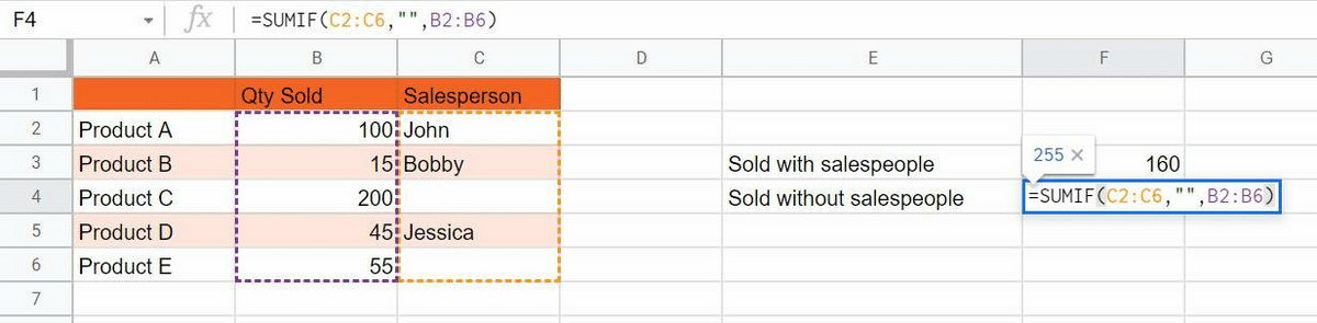 A screenshot showing how to sumif using blank cells as a criteria