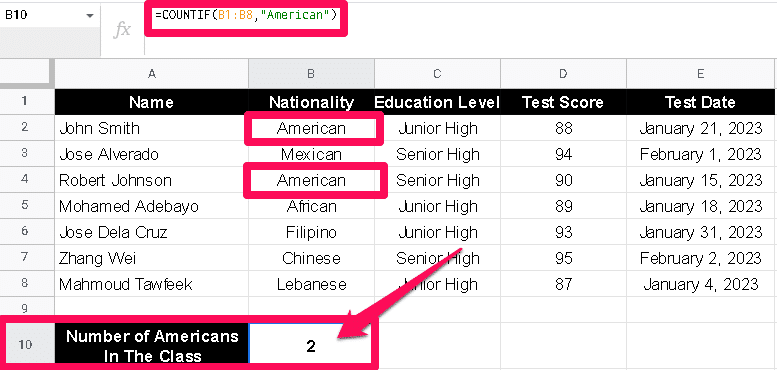 Google sheets COUNTIF function showing only American students