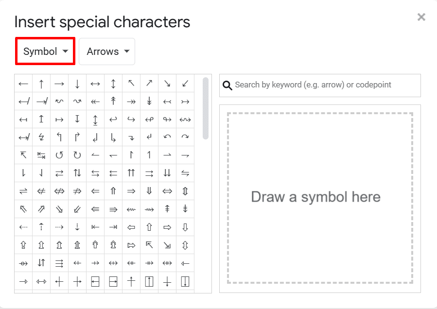 Changing the group of special characters in Google Docs