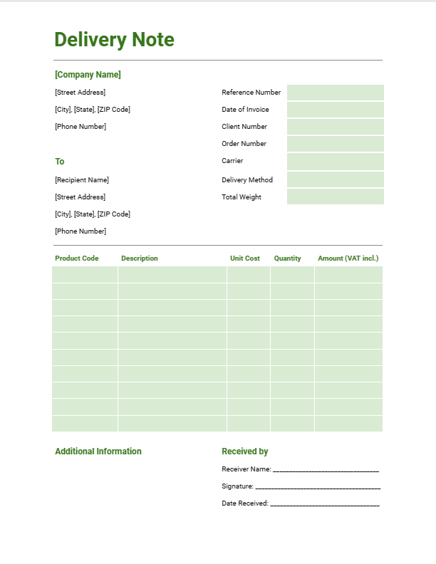 Goods delivery note template in Google Docs