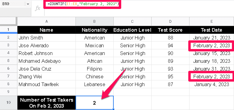 Google sheets COUNTIF function showing specific test dates