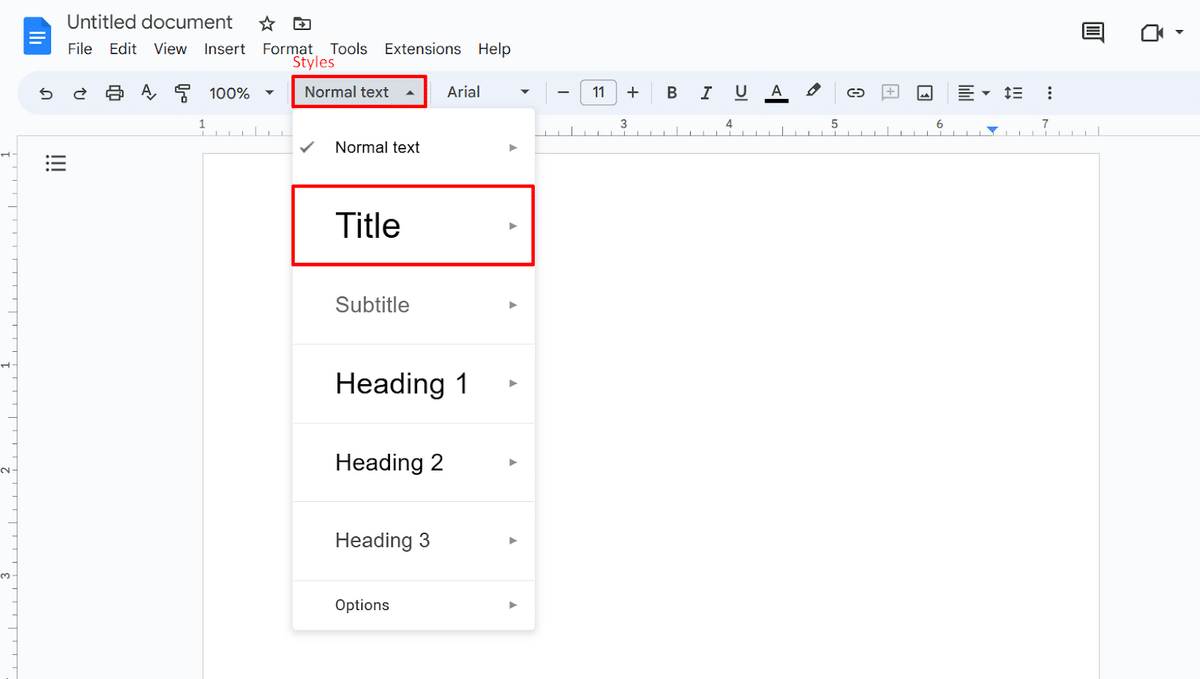 Choosing the "Title" style in Google Docs