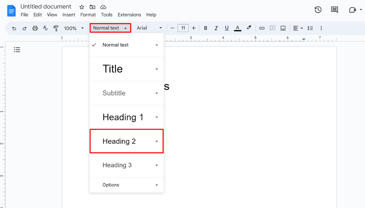 Selecting the "Heading 2" style in Google Docs