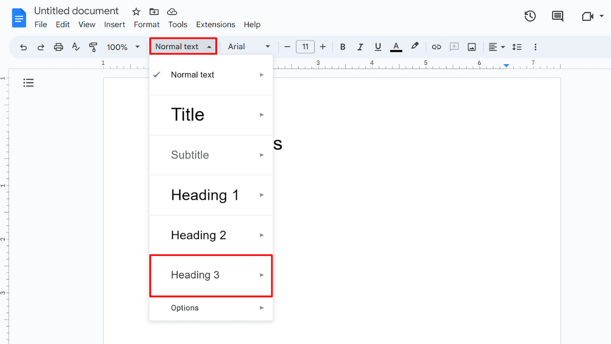 Using the "Heading 3" style in Google Docs