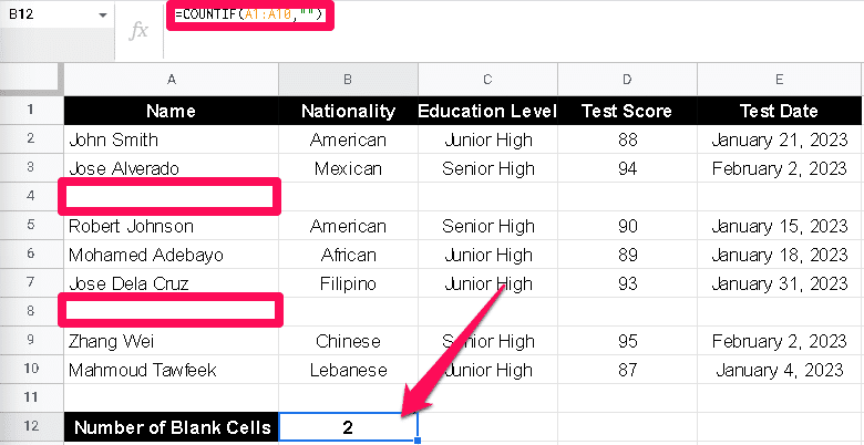 Google Sheets COUNTIF function counting number of blank cells