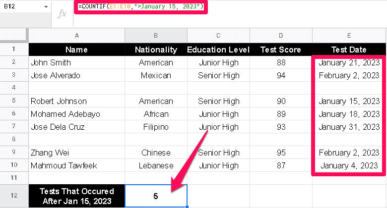 COUNTIF Function showing tests that occurred after Jan 15