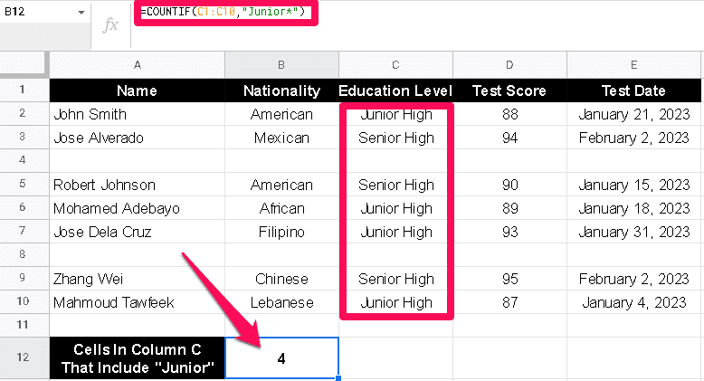 COUNTIF function showing cells in column C that include Junior