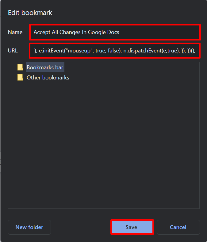 Adding a new bookmark page in Google Chrome