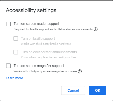 check the box for "Turn on screen reader support." then click OK.