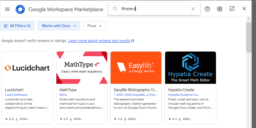 Search for rhetoric in the Google Workspace Marketplace window.