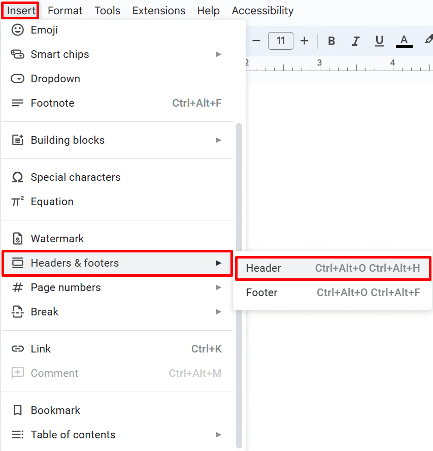 Screenshot of how to insert a header section in Google Docs