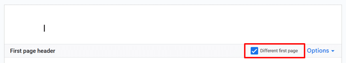 Checking the "Different first page" feature in Google Docs headers