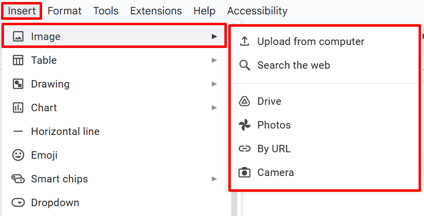 Screenshot of how to insert a header image in Google Docs