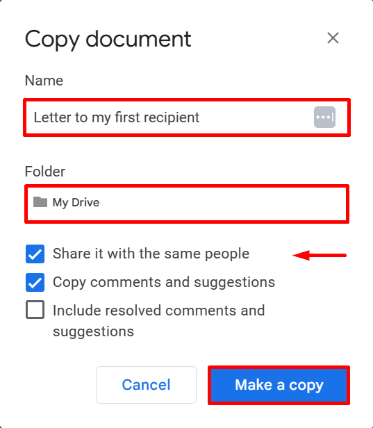 Screenshot showing "Copy document" options in Google Docs