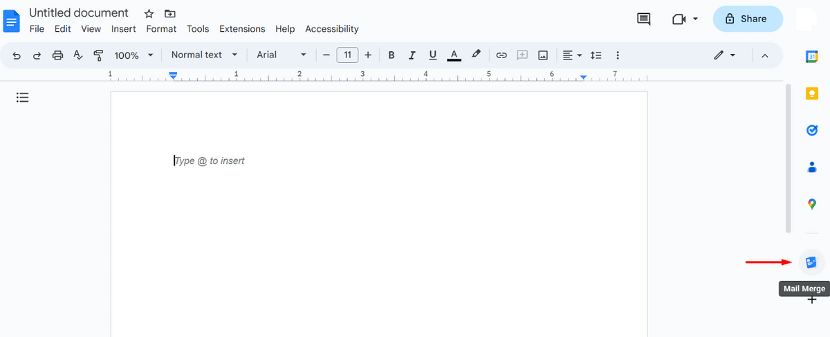 Clicking on the "Mail Merge" button on the Google Docs sidebar