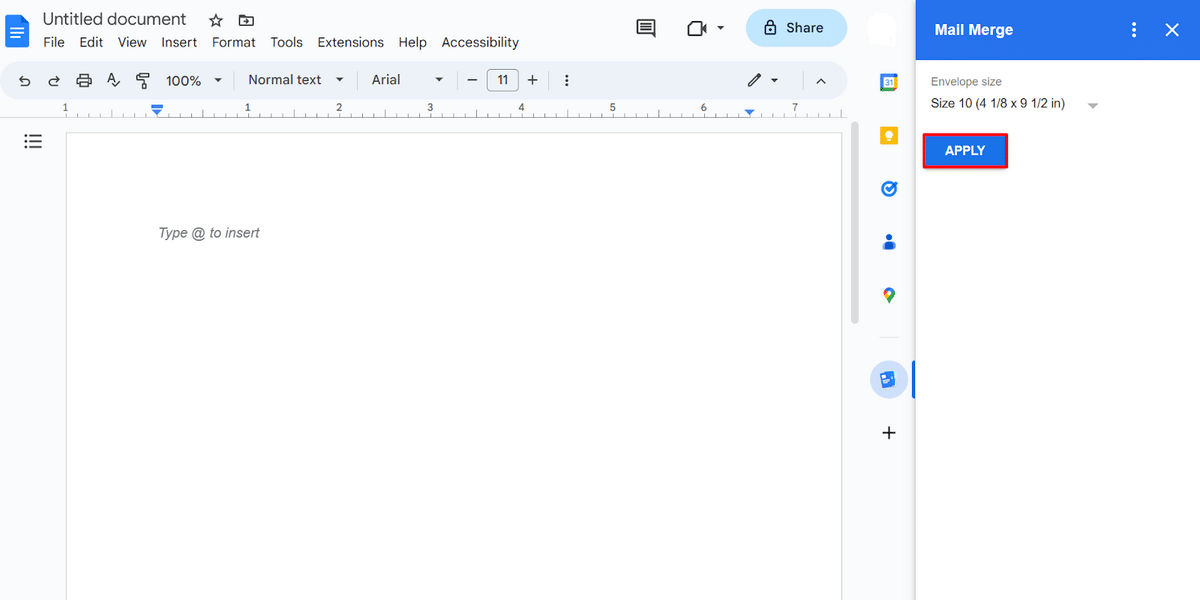 Clicking the "APPLY" button in Mail Merge for Google Docs