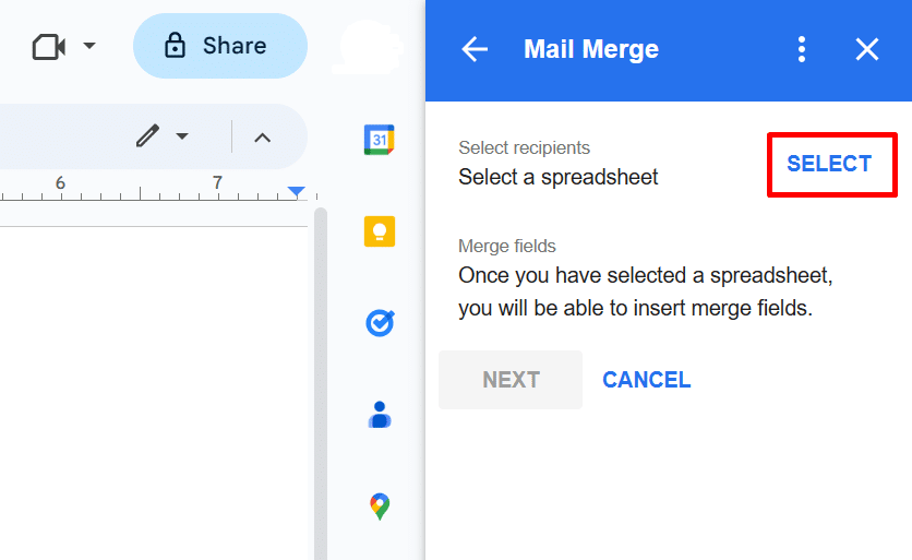 Selecting a spreadsheet to use in Mail Merge for Google Docs