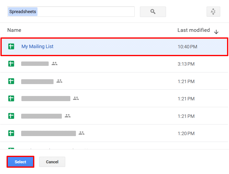 Selecting a mailing list spreadsheet