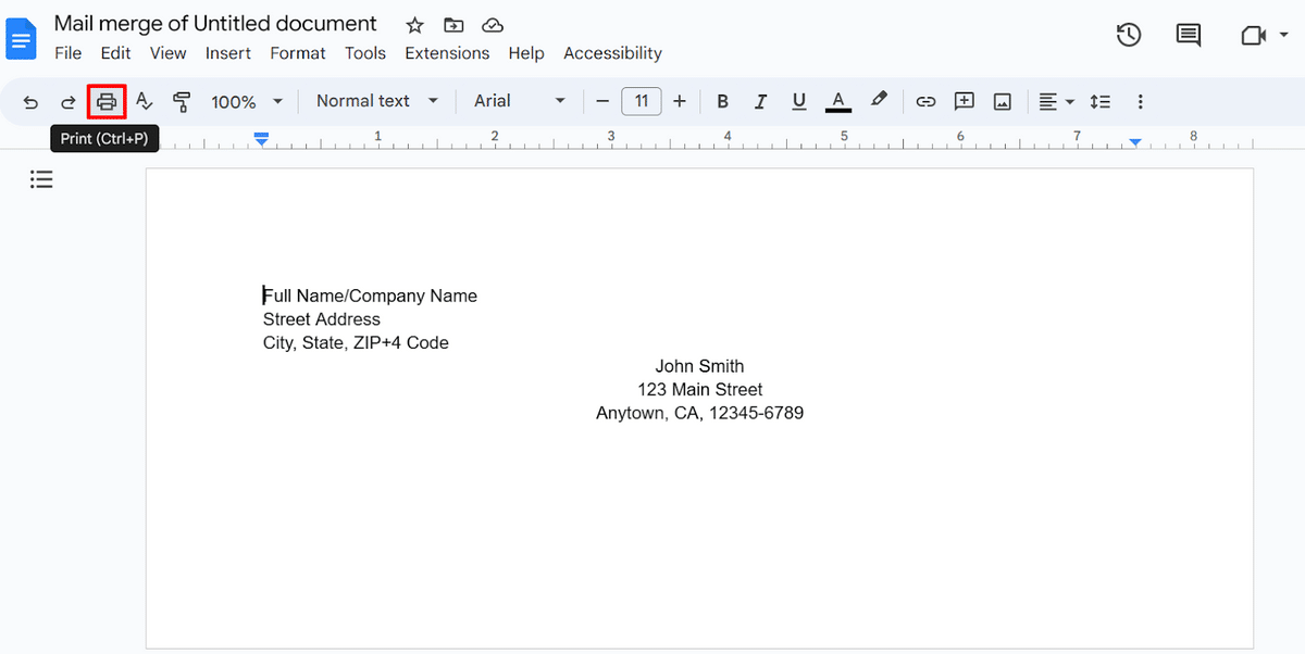 Printing your envelopes in Google Docs