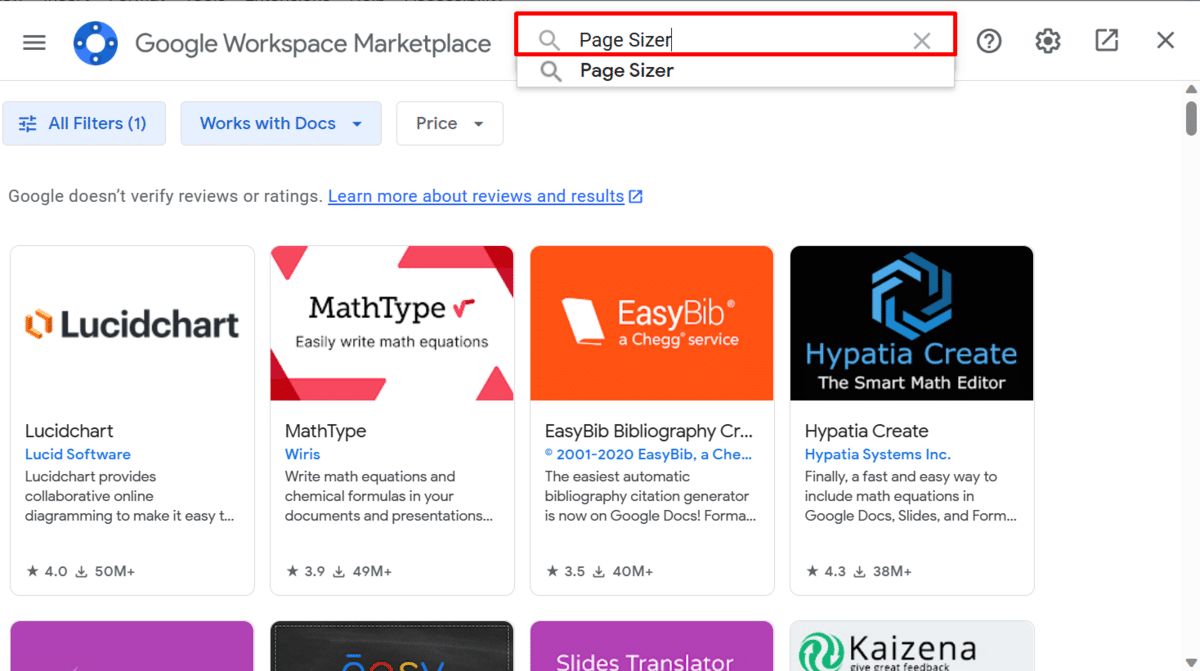 Searching for "Page Sizer" in Google Workspace Marketplace