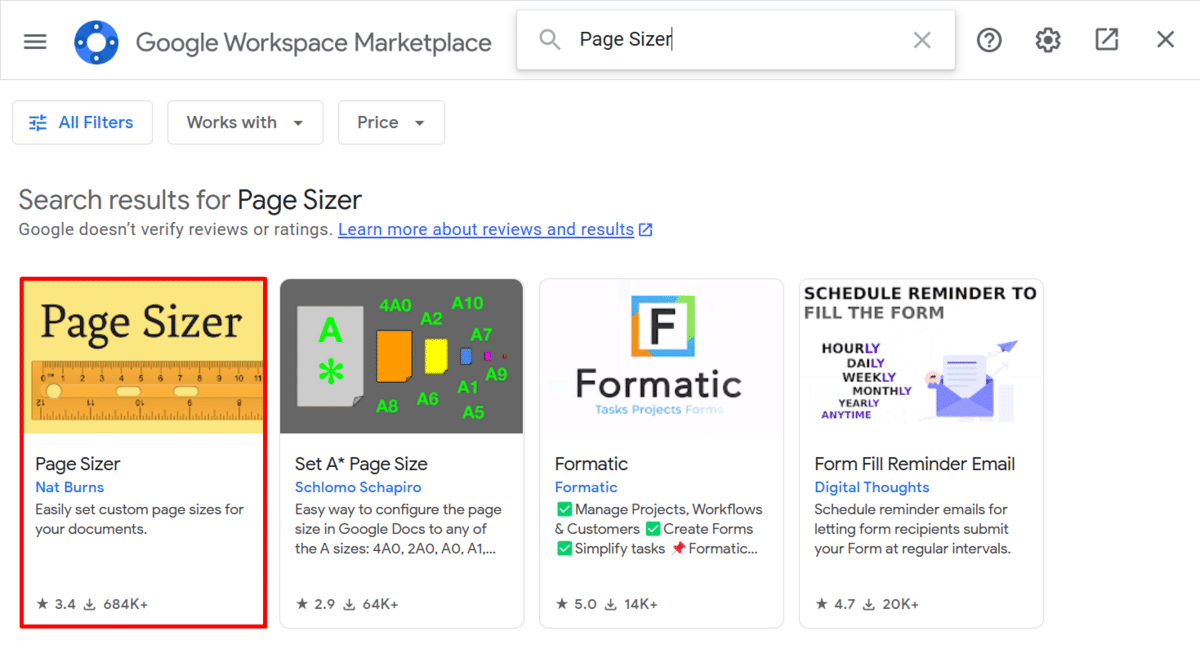 Clicking on Page Sizer on Google Workspace Marketplace