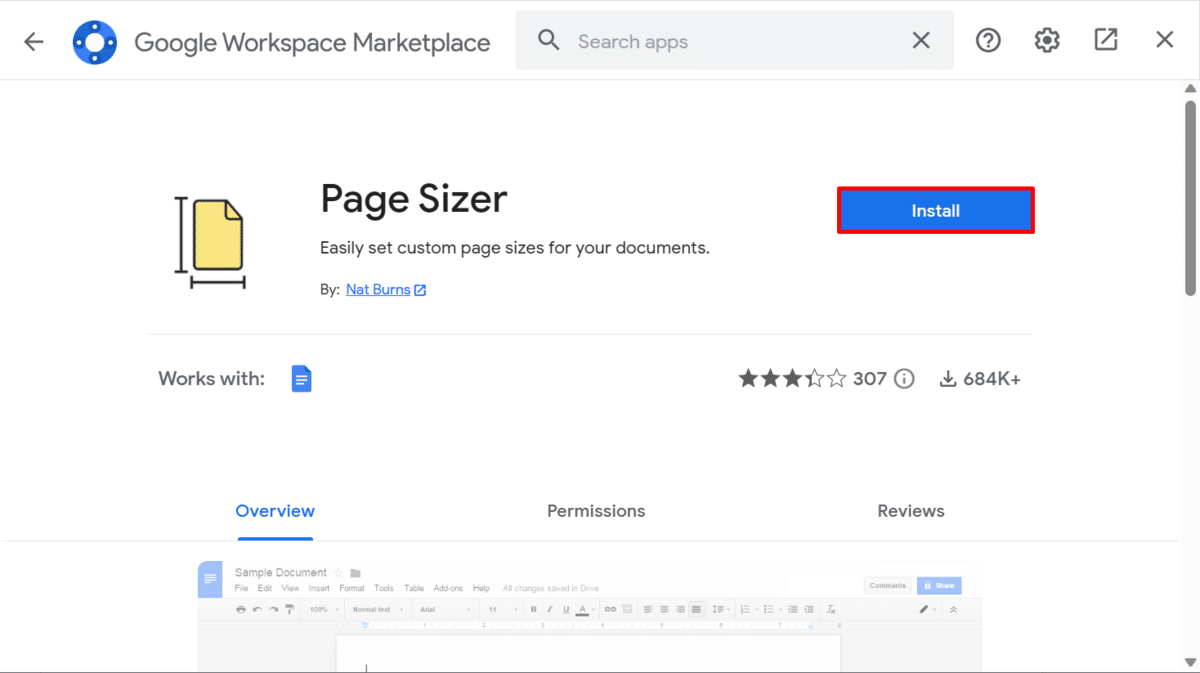 Installing "Page Sizer" in Google Docs