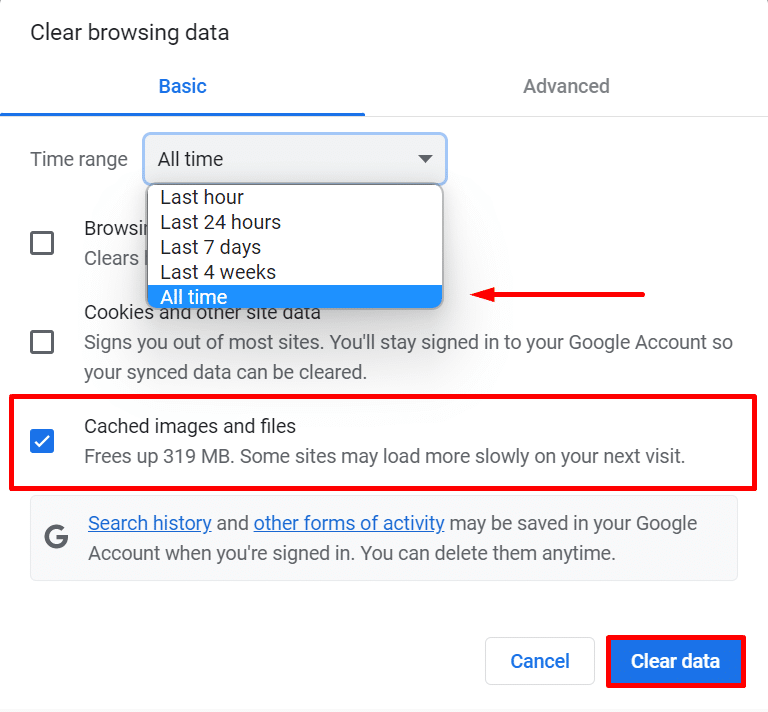 Clearing browser cache in Google Chrome