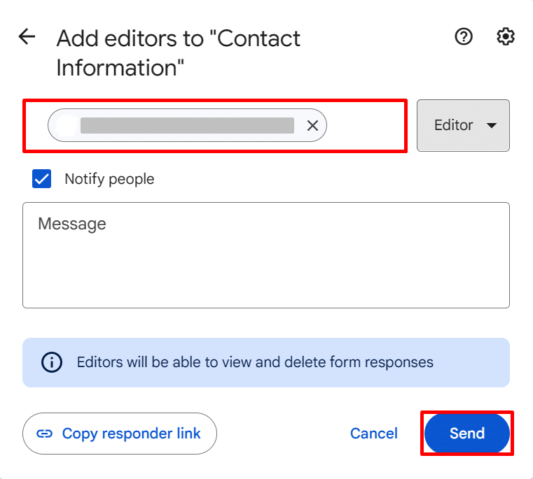 Sending an invitation to edit a Google Form