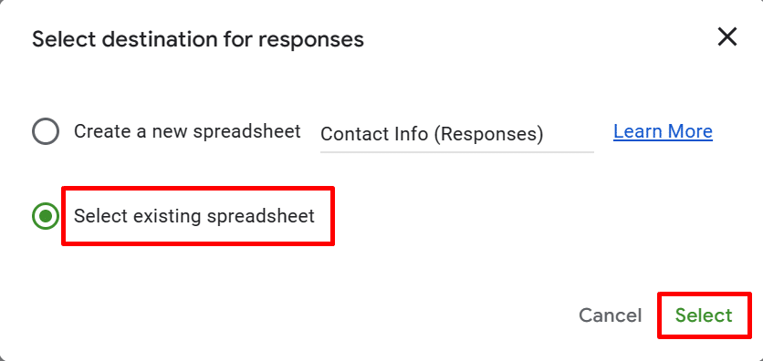 Selecting an existing spreadsheet for linking Google Form responses