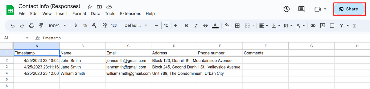 Sharing a Google spreadsheet with linked form responses