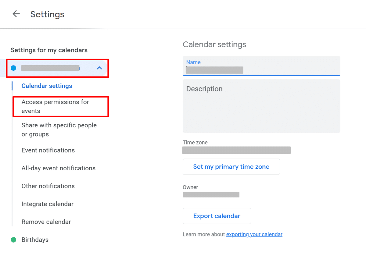 Changing access permissions to Google Calendar