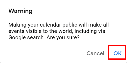 Confirming choice to make calendar public