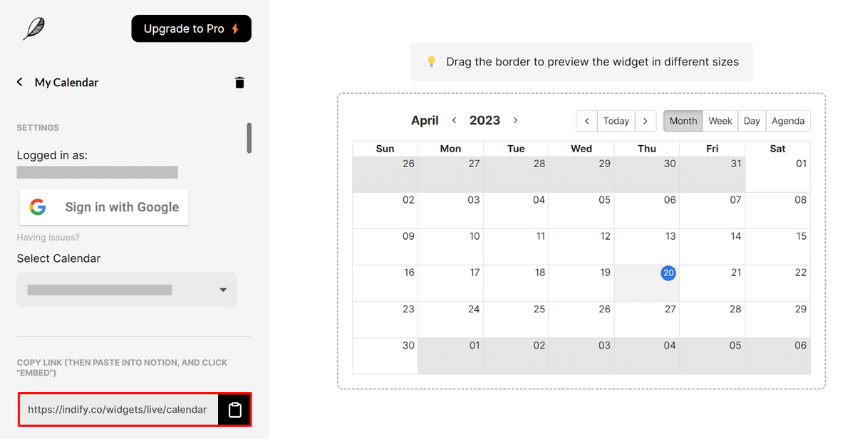 Copying the embed URL for Indify Google Calendar widget for Notion