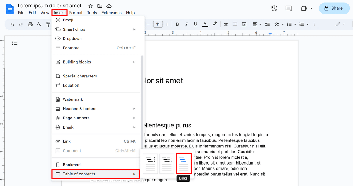 Google Doc link to section—how to insert a table of contents in Google Docs