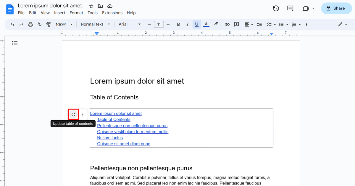 Updating a table of contents in Google Docs