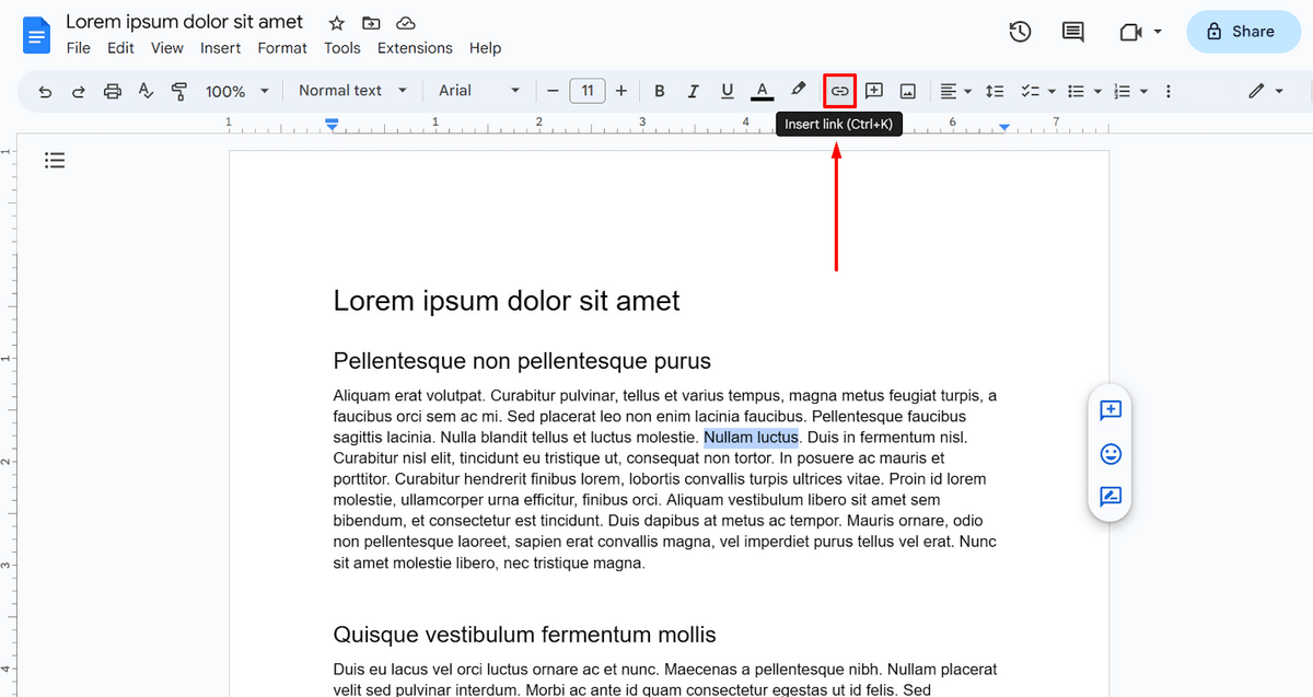 Inserting a hyperlink in Google Docs