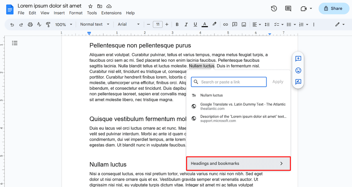 Using "Headings and bookmarks" section in Google Docs